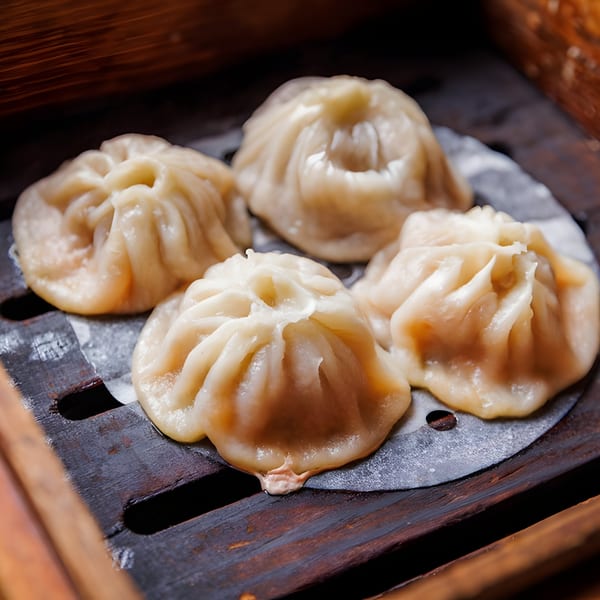 Four freshly steamed soup dumplings, xiao long bao, in a traditional bamboo steamer basket.