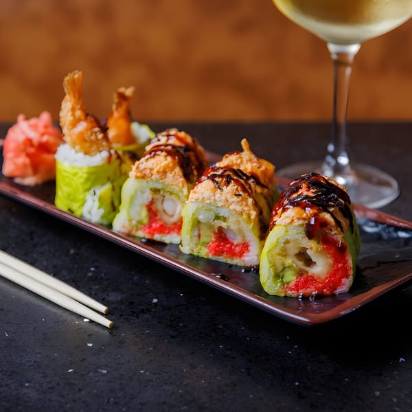Xian Sushi and Noodle's sushi rolls with tempura shrimp, roe, and avocado, served with pickled ginger and wine.