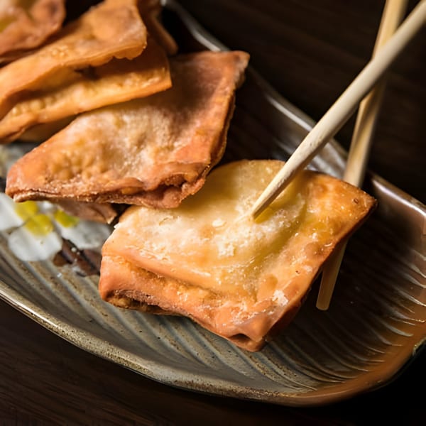 Golden-brown fried wontons on a textured plate, with chopsticks picking one up.