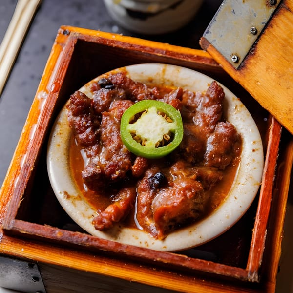 Asian braised pork belly in a white bowl, garnished with a green jalapeño slice, served in a wooden box.